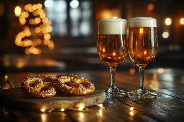 Wall Mural - two glasses of beer and two pretzels on a table