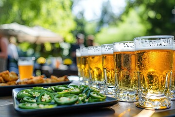 Canvas Print - a table topped with plates of food and glasses of beer