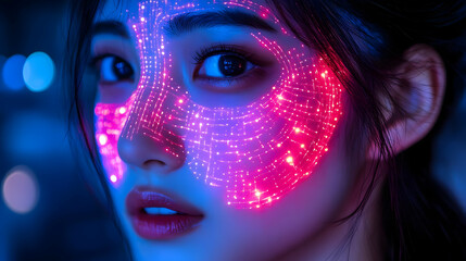 Sticker - A close-up of a woman's face illuminated with vibrant digital patterns.