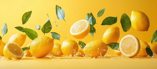 Canvas Print - Fresh lemons with green leaves and water drops falling on a yellow background.