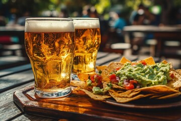 Wall Mural - a plate of nachos and a glass of beer on a table