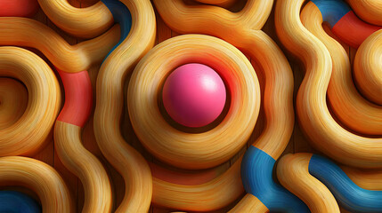 Wall Mural - Abstract composition featuring colorful, wavy shapes and a central sphere.