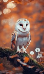 Wall Mural - A majestic barn owl with white and brown plumage perches on a mossy branch in a forest setting. The owl's large, dark eyes stare intently at the camera.