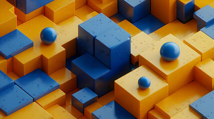 Poster - A vibrant abstract arrangement of cubes and spheres in blue and orange.