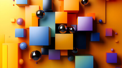 Sticker - Abstract composition of colorful cubes and spheres on a gradient background.