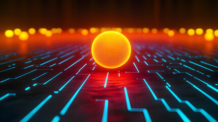 Canvas Print - A glowing sphere on a futuristic grid with vibrant colors.