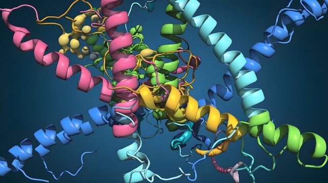 a scientific 3D visualization of a protein or molecular structure. The molecule is represented as colored helical ribbons, typical of the representation of secondary structures