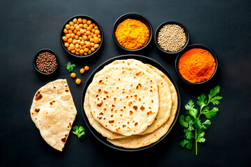 An assortment of spices and flatbreads arranged on a dark background. Includes chickpeas, herbs, and various colorful spices in bowls, perfect for culinary presentations.