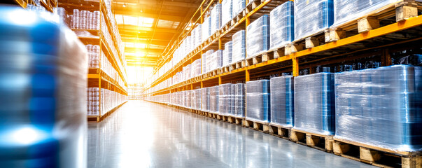 Bright warehouse interior showcasing organized pallets and barrels, highlighting storage efficiency and industrial design.