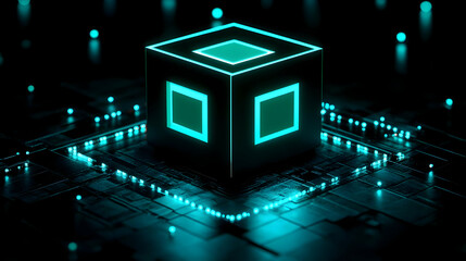 Poster - A glowing cube on a circuit board, symbolizing advanced technology.