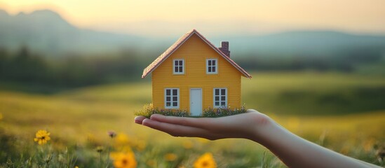 Sticker - Hand holding a small yellow house model with a green grassy field in the background at sunset.