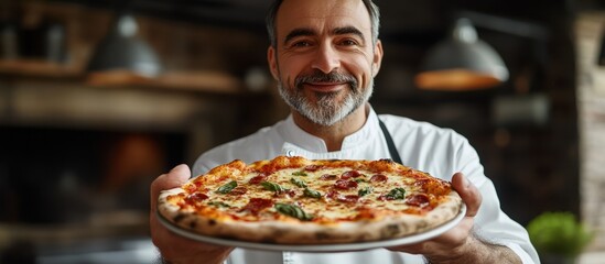 Wall Mural - Happy chef holding a freshly baked pizza with pepperoni and basil.