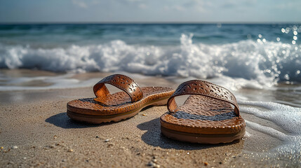 Canvas Print - A pair of sandals resting on a sandy beach near the ocean.