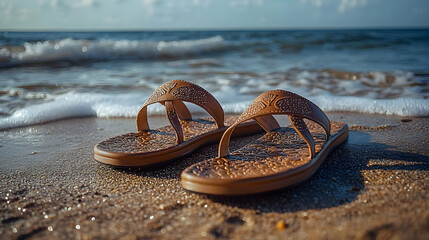 Canvas Print - A pair of sandals resting on the beach, near the waves.