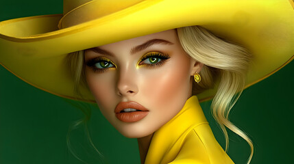 Sticker - A stylish portrait of a woman in a vibrant yellow outfit and hat.