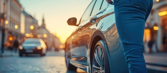 Wall Mural - Man in jeans standing by a silver car in a city setting at sunset.