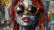 © GreenOptix - A red-haired punk rock woman wearing sunglasses, covered in street art graffiti and stickers with text on her face, comic book art, iconic album covers, gothic illustration