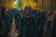 © Outkast - A horde of blood-splattered zombies with one in focus, walking through a forest
