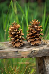 Wall Mural - Two brown pine cones on a wooden surface with green grass in the background.