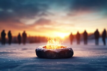 Canvas Print - A fire is burning in a small hole in the snow