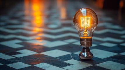 Vintage-style light bulb glowing on a tiled floor