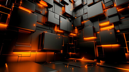 Canvas Print - Abstract 3D composition with glowing orange lines and black cubes.