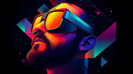 Wall Mural - Vibrant digital art of a man in sunglasses against a cosmic backdrop.