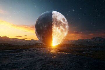 Wall Mural - a large moon is split in half, with a bright light shining through the gap