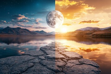 Wall Mural - A beautiful landscape with a large moon in the sky