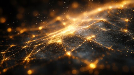 Leinwandbilder - Golden particles weave through a dark background, forming an intricate network that resembles a galaxy, creating a mesmerizing and dynamic visual experience.