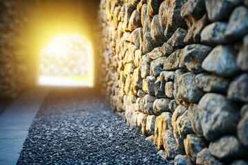 Canvas Print - A tunnel made of stone with a sun shining through it