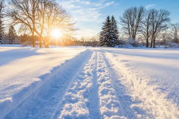 Poster - A snow covered road with a sun shining on it