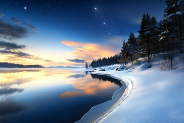 Sticker - A beautiful winter scene with a lake and a snowy shoreline