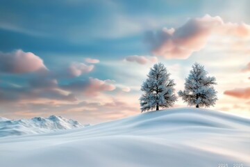 Wall Mural - Two trees are standing on a snow covered hill