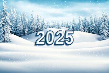 Poster - A snowy landscape with a blue sky and a sign that says 2025 in white letters