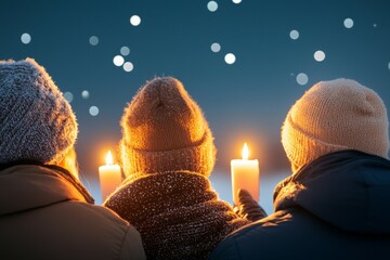 Wall Mural - Three people are holding candles and wearing hats