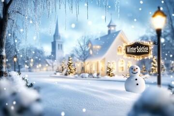 Poster - A snow-covered landscape with a white house and a sign that says Winter Solstice