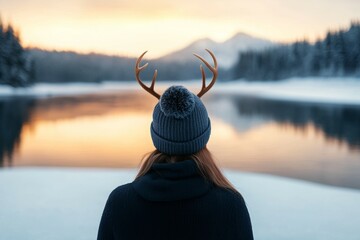 Poster - A woman wearing a hat with antlers on her head is standing by a lake