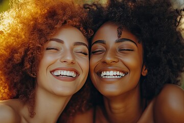 Two women laughing together with eyes closed. This photo captures the joy of friendship and can be used for advertising campaigns, social media posts, and more.