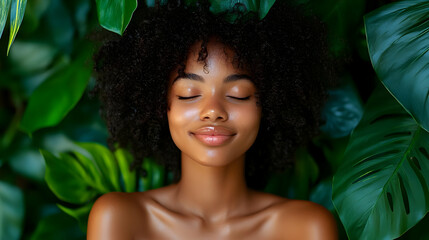 Wall Mural - A serene young woman surrounded by lush green foliage.