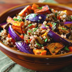 Wall Mural - A bowl of buckwheat pilaf layered with savory roasted vegetables creating a medley of flavors and textures.