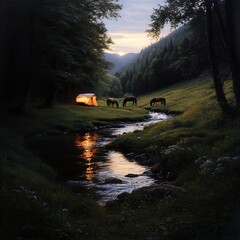 Poster - A peaceful campsite with horses grazing near a stream in a forest at dusk.