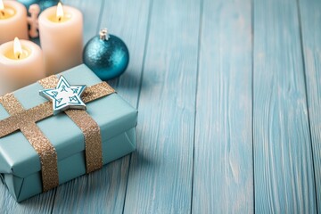 Poster - A blue box with a star on it sits on a wooden table