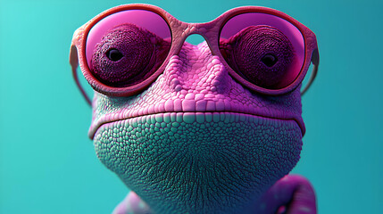 Poster - A colorful chameleon wearing stylish sunglasses against a vibrant backdrop.