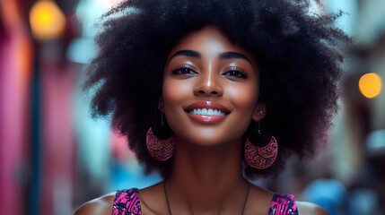 Wall Mural - A smiling woman with natural hair poses in a vibrant street setting.