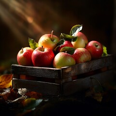 Wall Mural - A wooden crate filled with ripe red apples, with leaves and a beam of sunlight, on a rustic background.