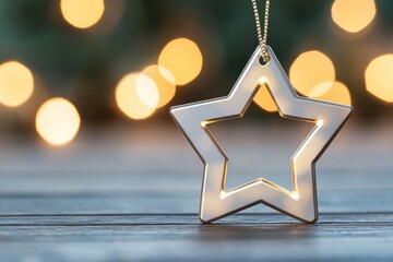 Sticker - A silver star with a light shining on it sits on a wooden surface