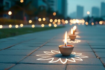 Wall Mural - A row of candles are lit on a sidewalk, creating a warm and inviting atmosphere