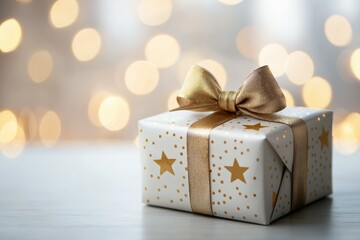 Canvas Print - A white box with gold ribbon and stars on it