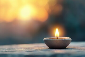 Wall Mural - A candle is lit in a small bowl on a table